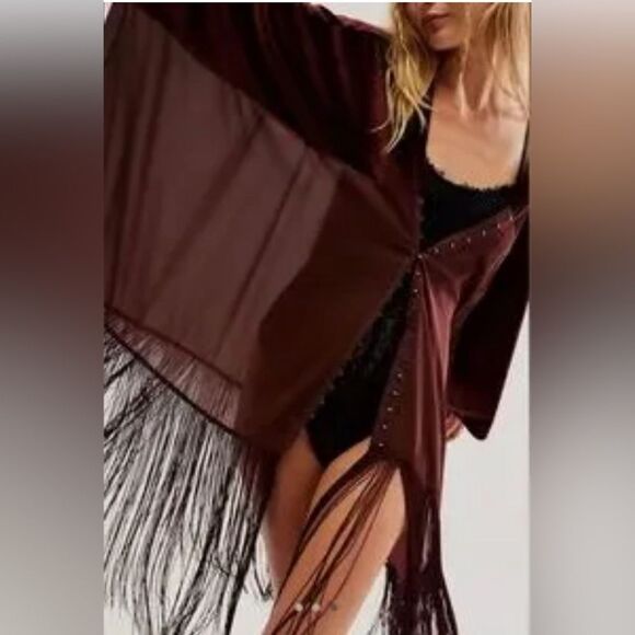 Free People Velvet Dreams Fringe brown Kimono OSFM - Picture 2 of 7